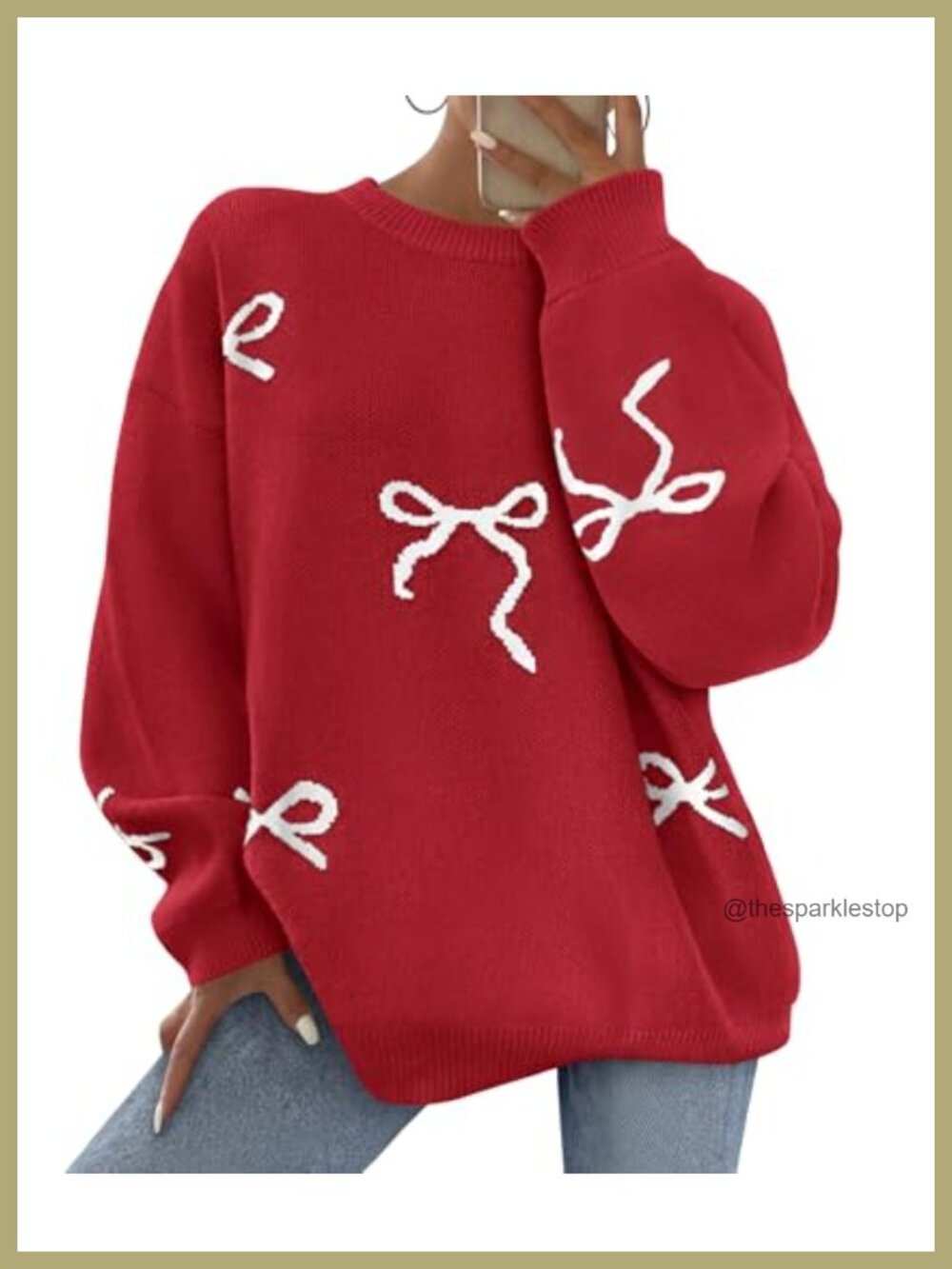 Women Long Sleeve Bow Print Oversized Chunky Knit Crew Neck Sweater